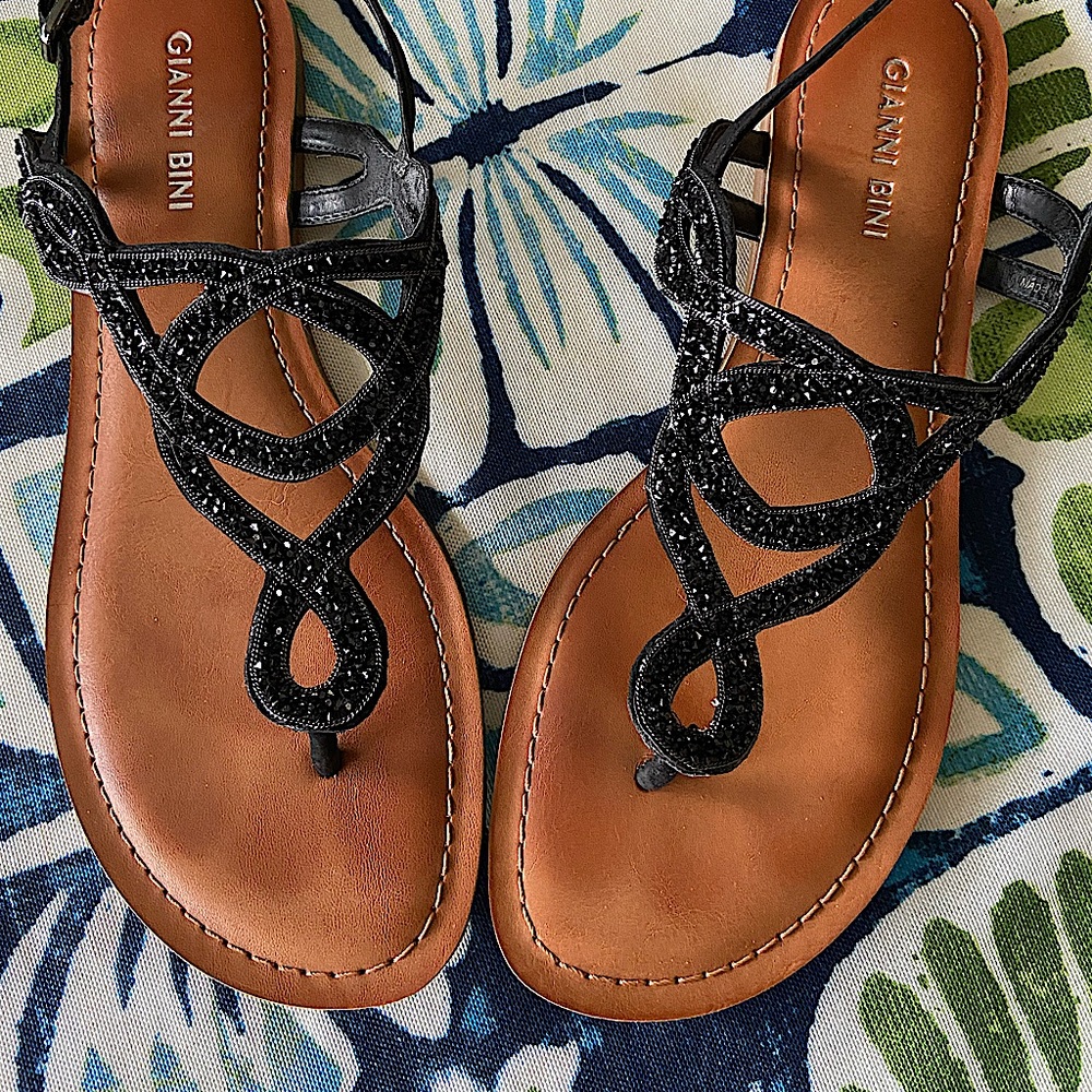 Gianni Bini black glitter sandals with tan sole